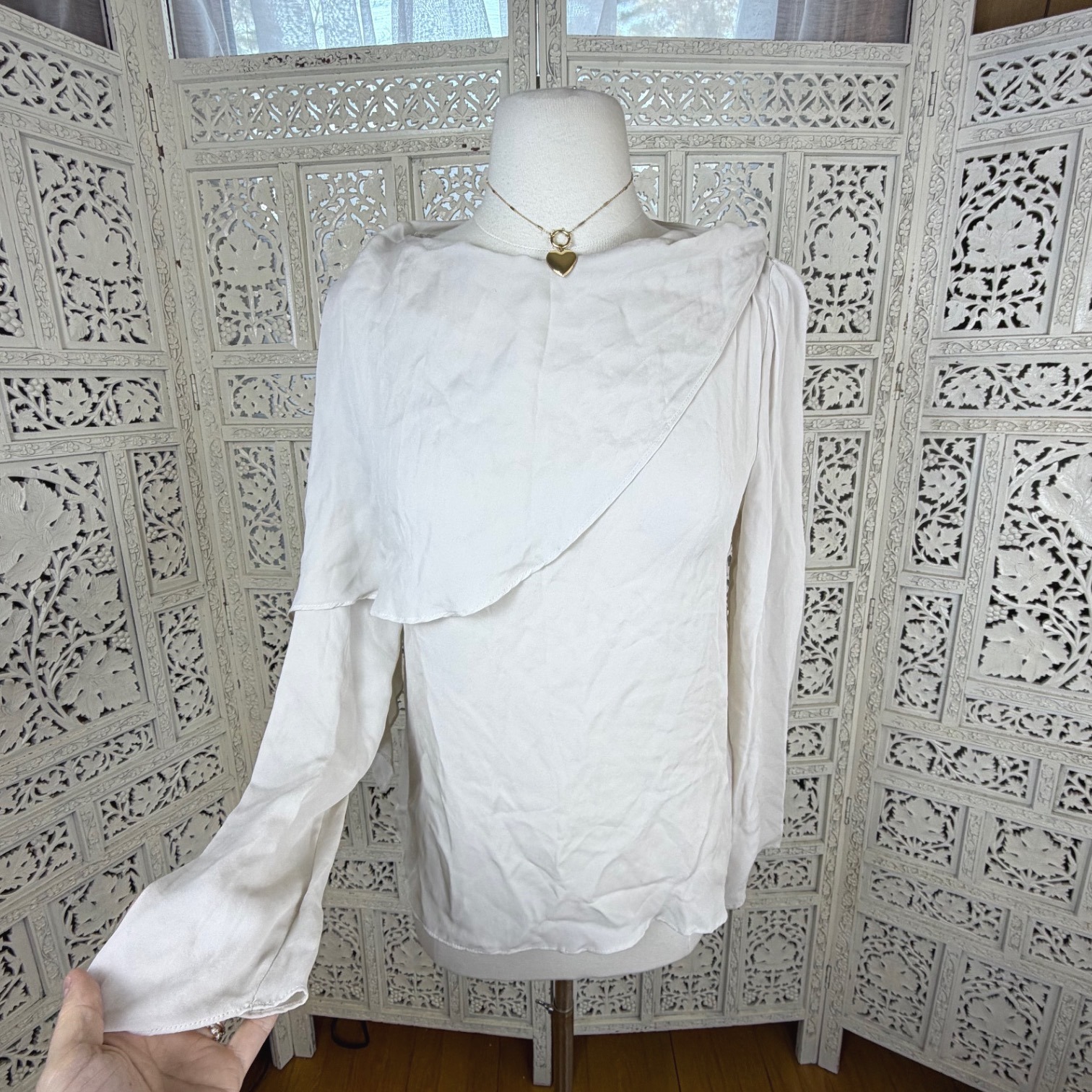 Zara Mulberry Silk Long Sleeve Blouse Sz Small Sheer Draped Layered Old Money